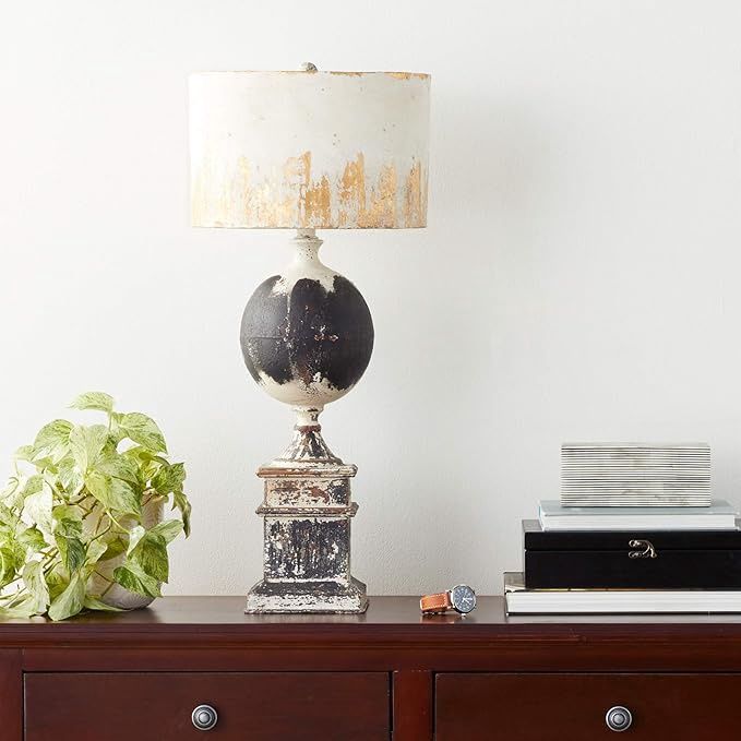 28 Inch Distressed Metal Square Base Lamp W/Ball &amp; White Rustic Shade