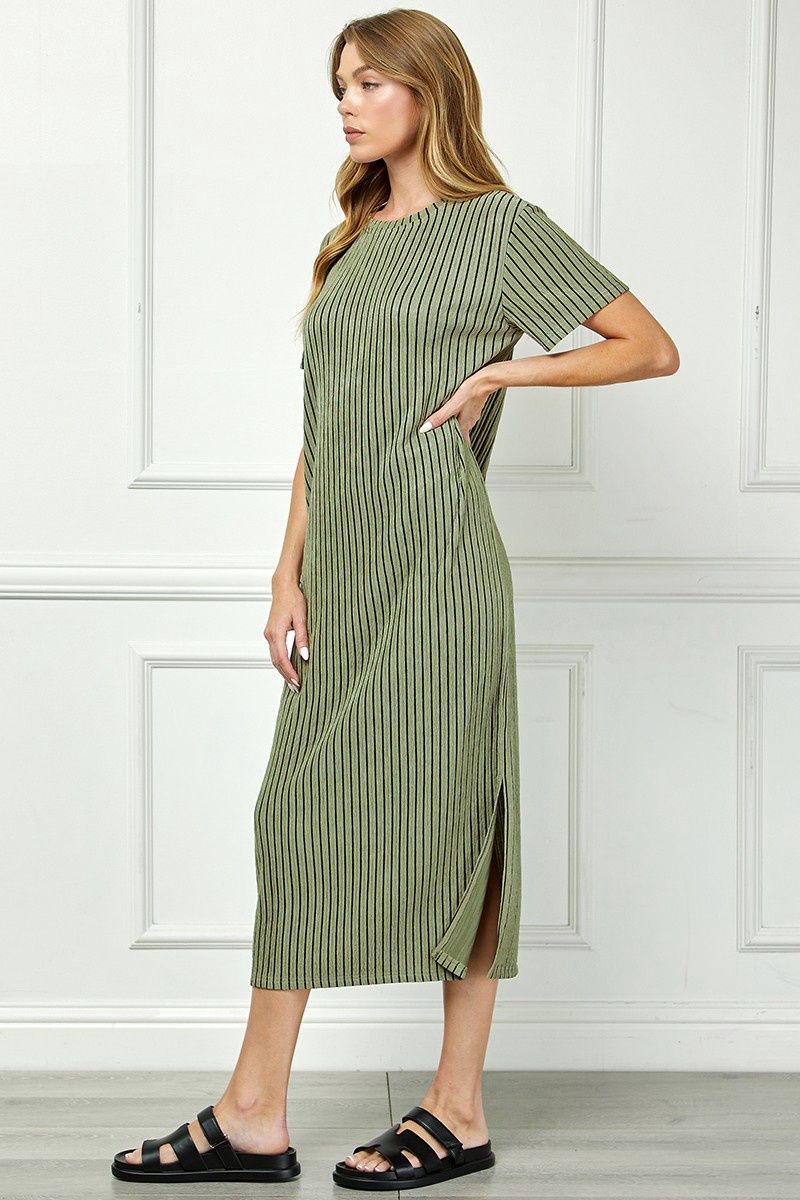 Striped Midi Dress Sage, Colour: Sage, Size: Small