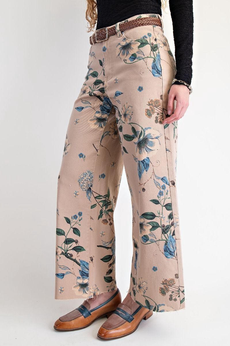 Floral  Stretch Twill, Colour: Khaki, Size: Small