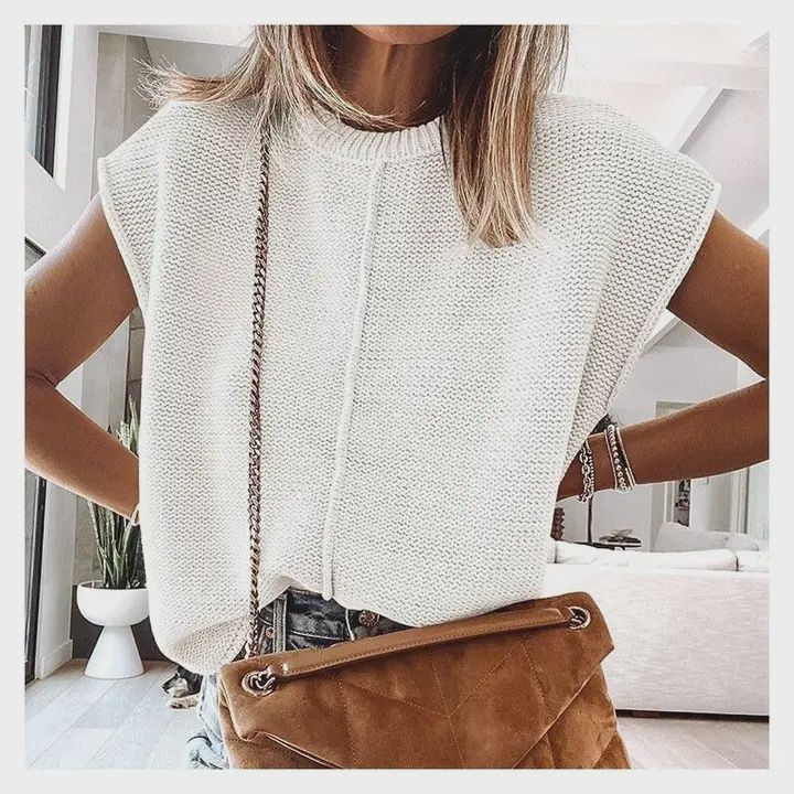 Cap Sleeve Knit Sweater, Colour: White, Size: Small