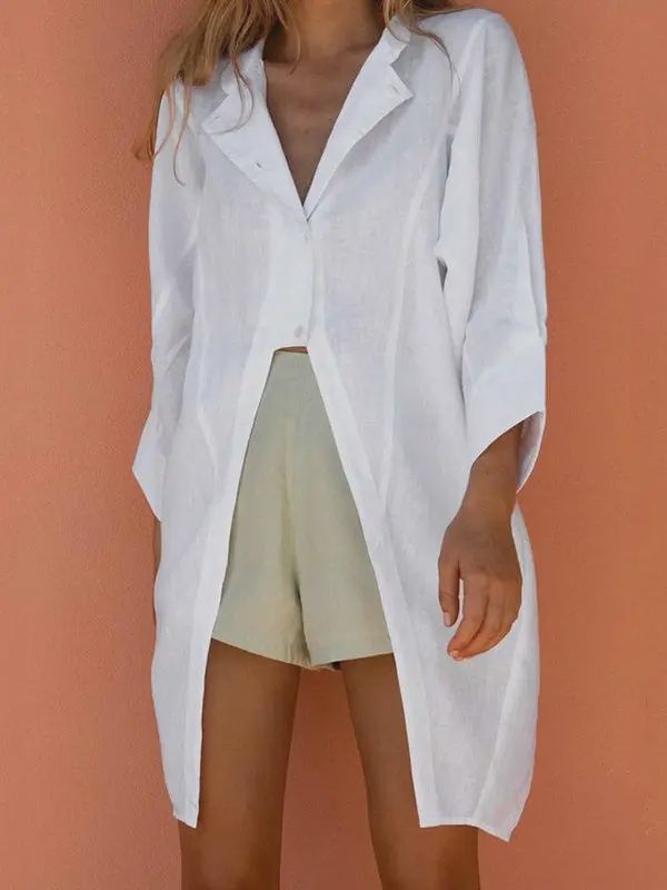 Casual Split Front Notched Collared Long Sleeve Blouse