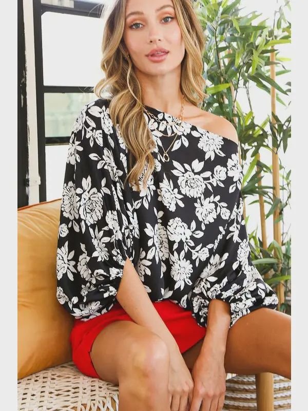 Boat Neck  Floral Satin Blouse, Size: Small