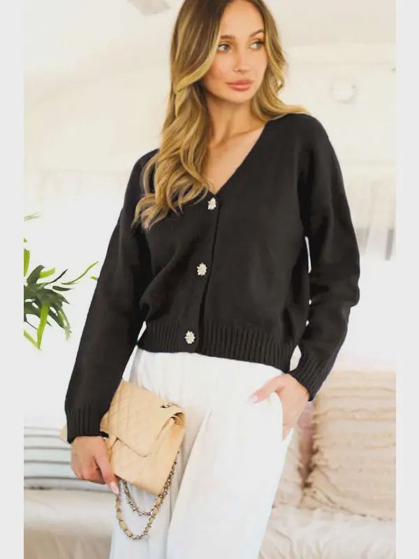 V-Neck Jeweled Button Accent Sweater Cardigan, Size: Black Small