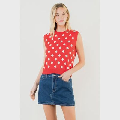 Red Sleeveless Polka Dot Knitted Top