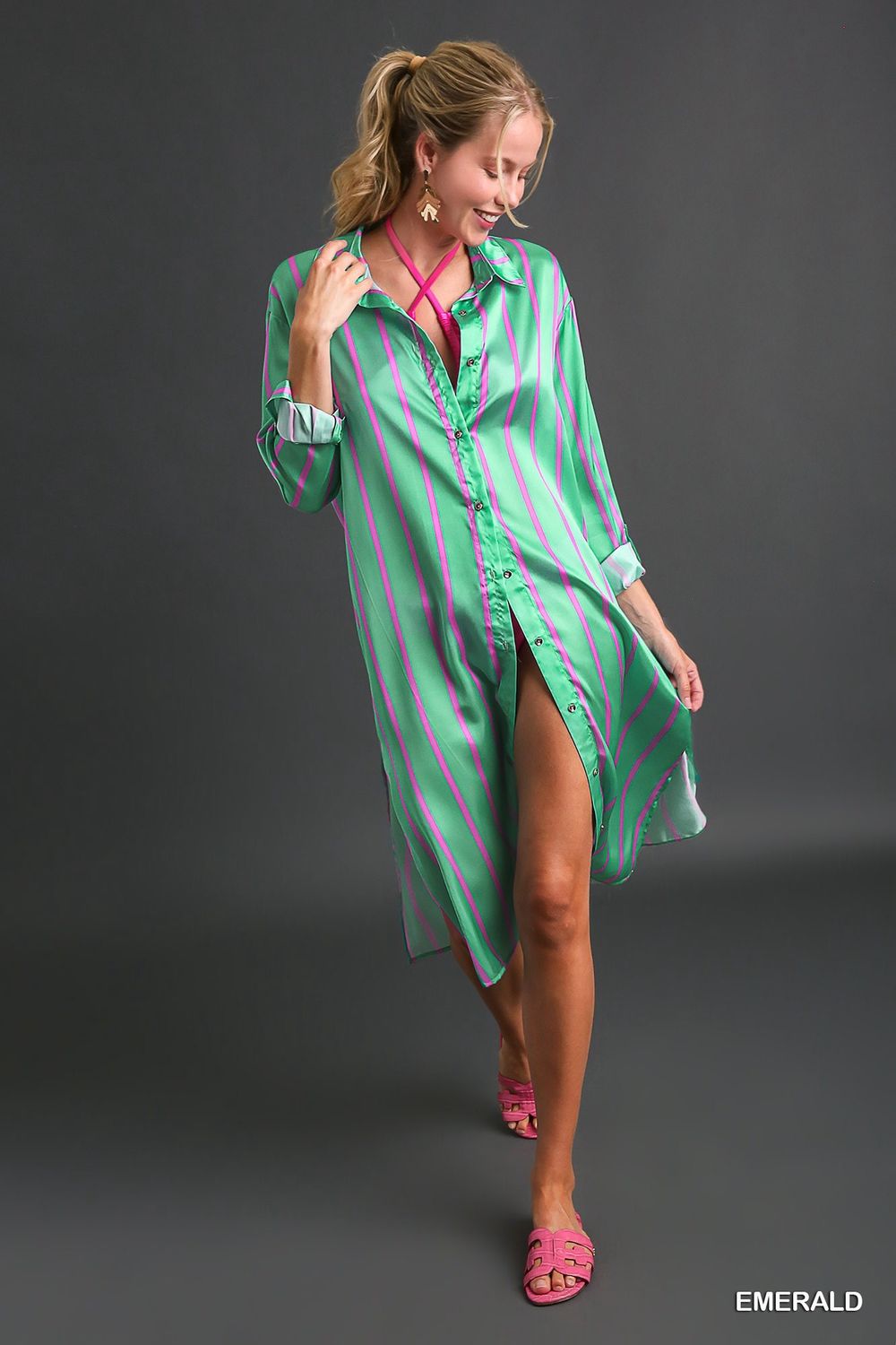 Silky Striped dress/cover up, Color: emerald, Size: Small