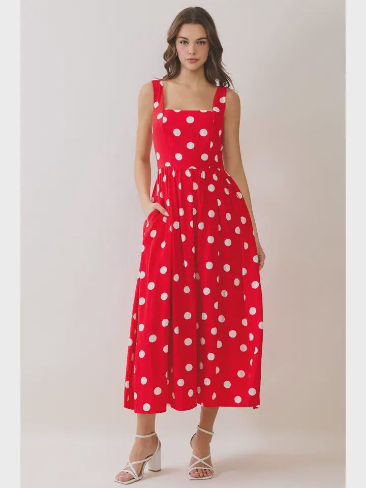 Red Polka Dot Midi Dress, Size: Small