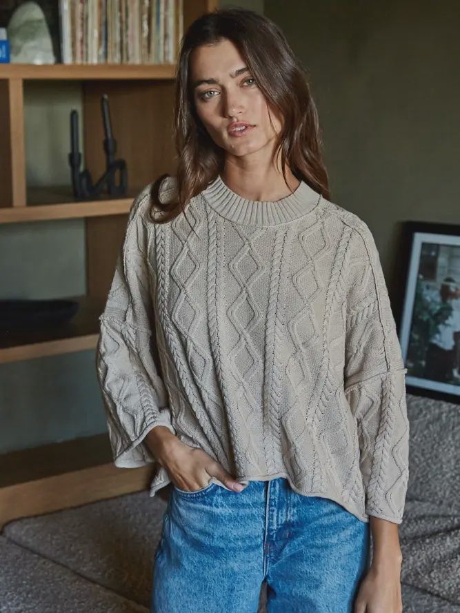 Cable Sweater 3/4 Sleeve, Size: Small