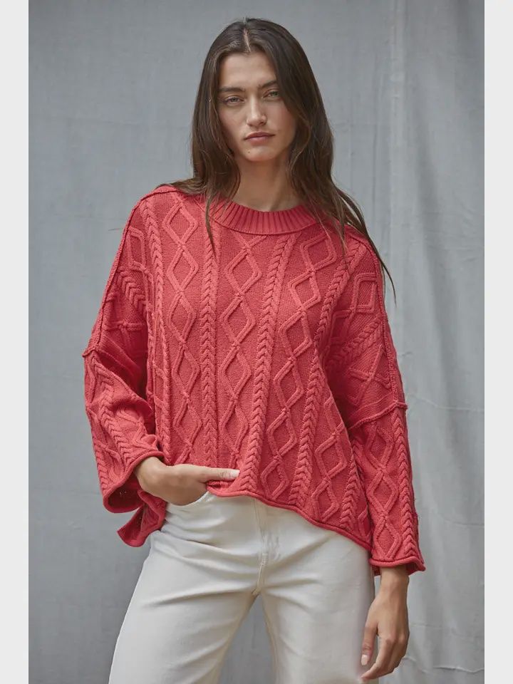 Cable Sweater 3/4 Sleeve, Color: Vintage Red, Size: Small