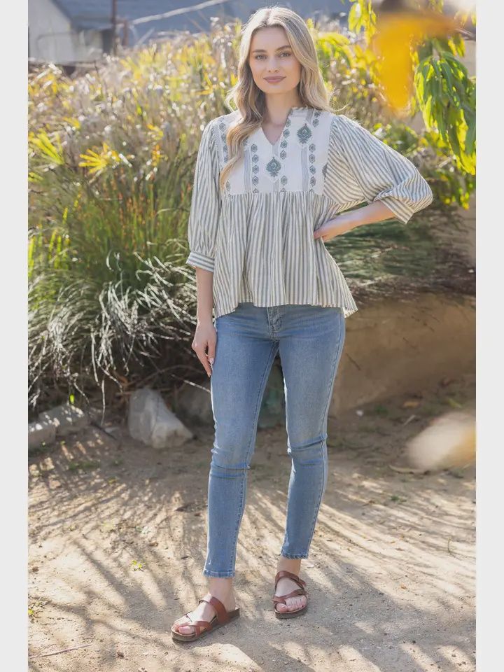 Stripe Puff Sleeve Green Top, Size: Small