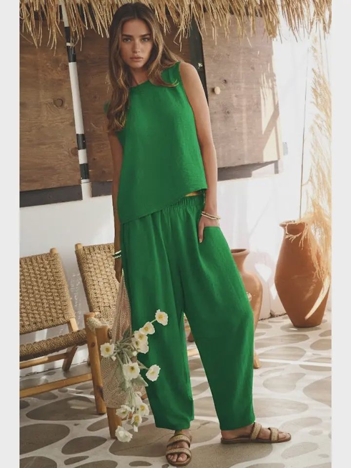 Woven Top &amp; Pants Set, Color: Green, Size: Small