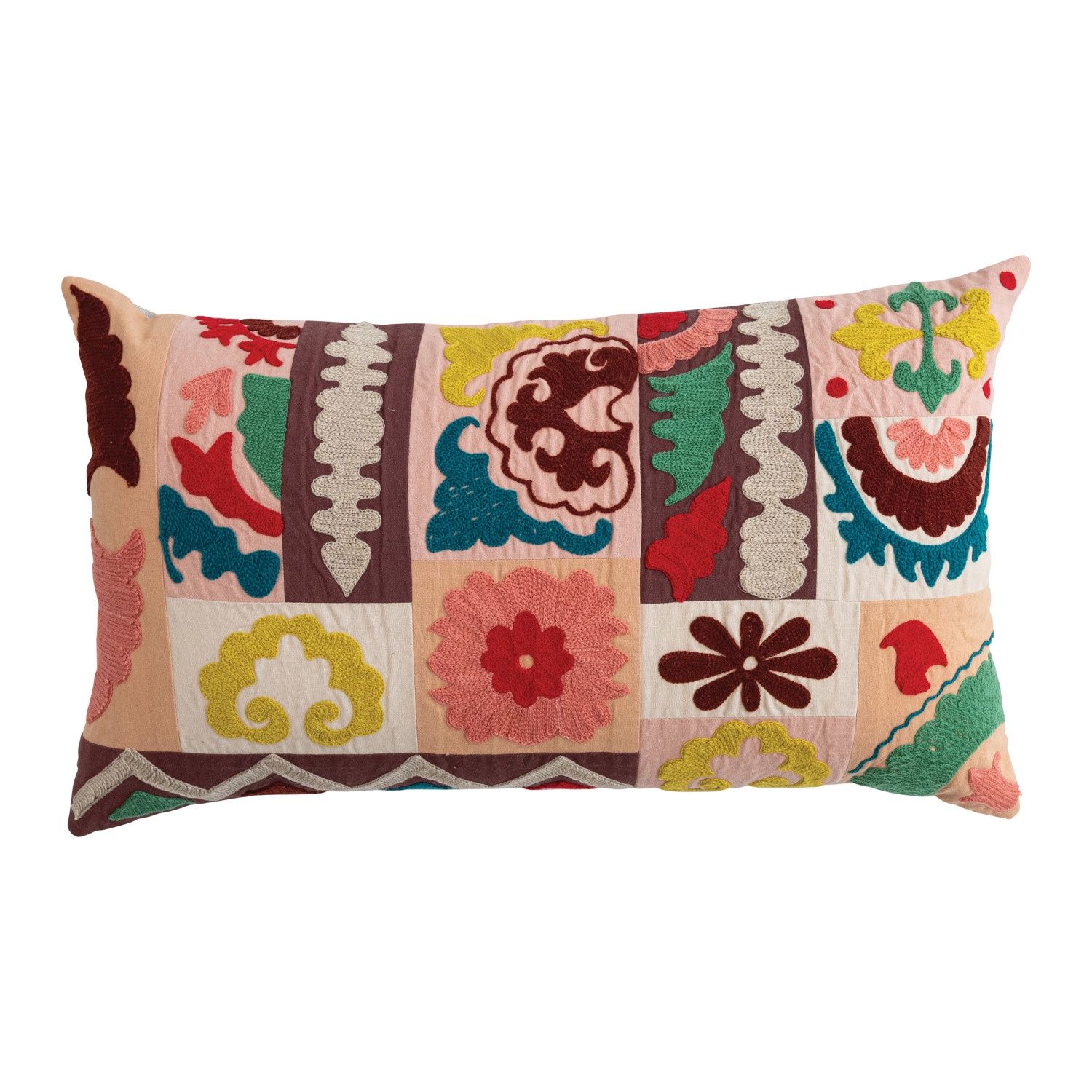 24" x 14" Embroidered Patchwork Lumbar Pillow