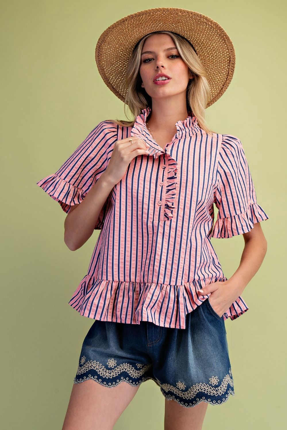 Stripe Ruffle Top, Color: Coral, Size: Small