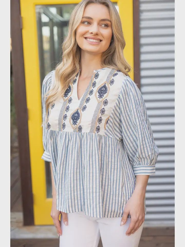 Stripe Puff Sleeve Navy Top, Size: Small