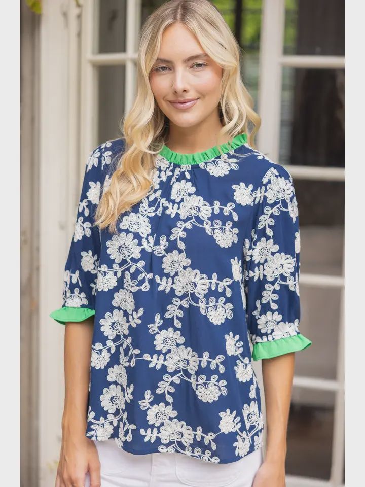 Navy/Green Embroidered Top, Size: Small