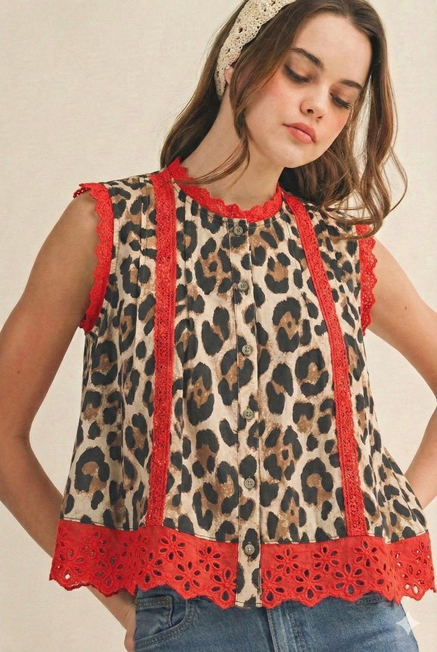 Leopard Ruffle &amp; Lace Top, Color: Red, Size: Small