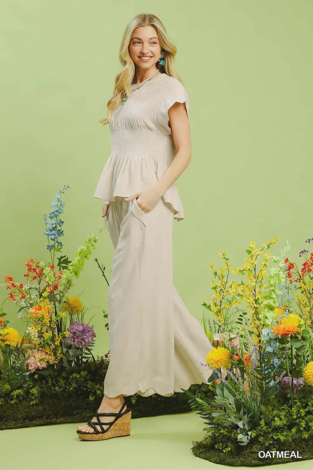 Scallop Hem Linen Pant, Color: Oatmeal, Size: small