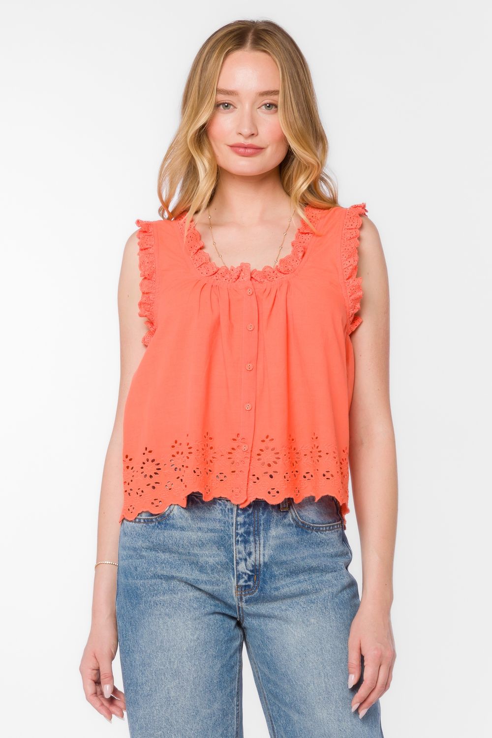 Ruffle Eyelet Button Up Tank, Color: Grapefruit, Size: Small
