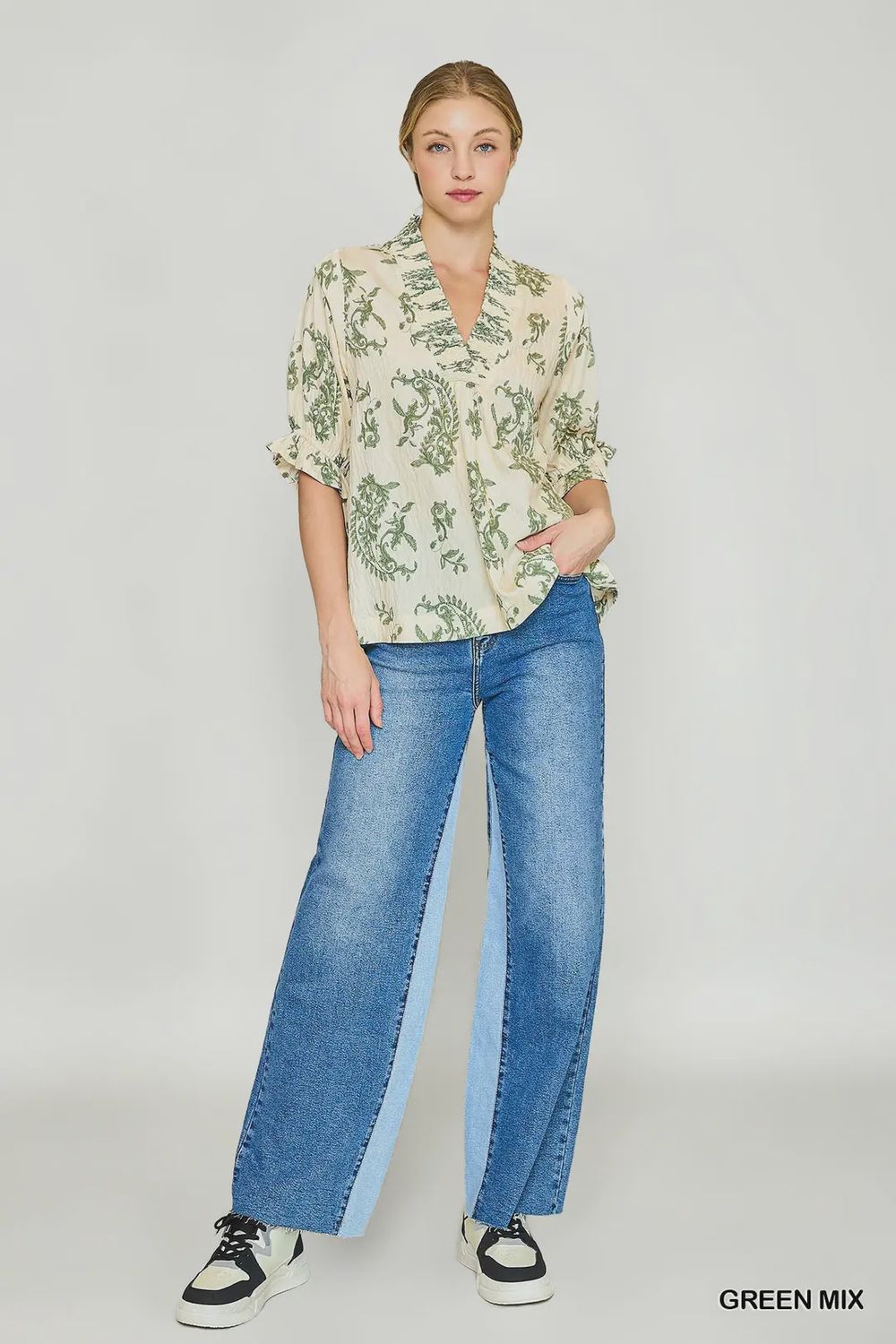 Green Cream Paisley Top