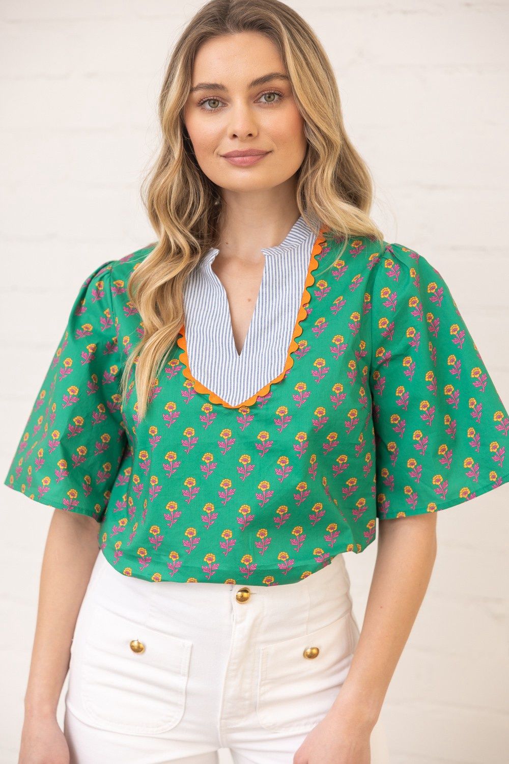 Wavy Trim Print Top, Size: Small