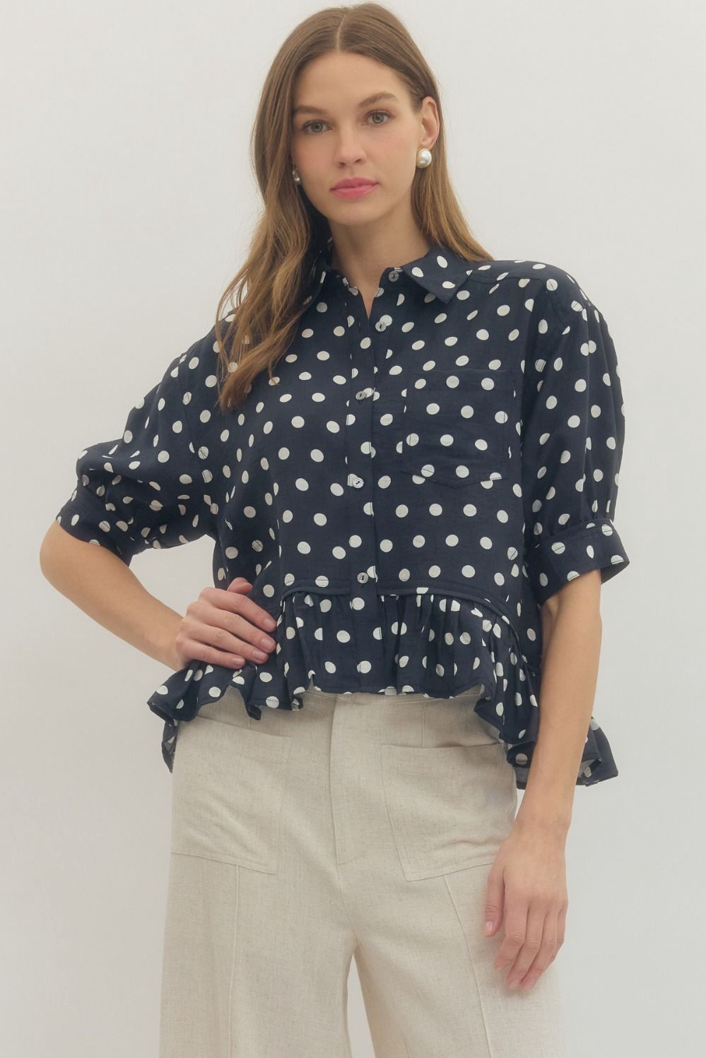 Polka Dot Ruffle Top, Color: Navy, Size: Small