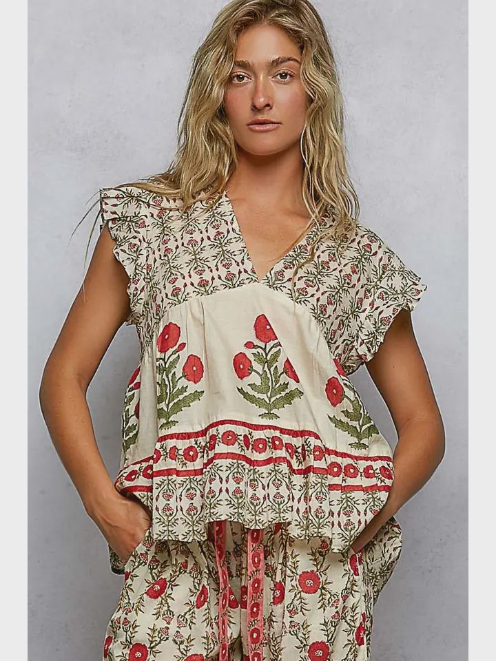 Floral V-Neck Ruffle Sleeve, Size: Small