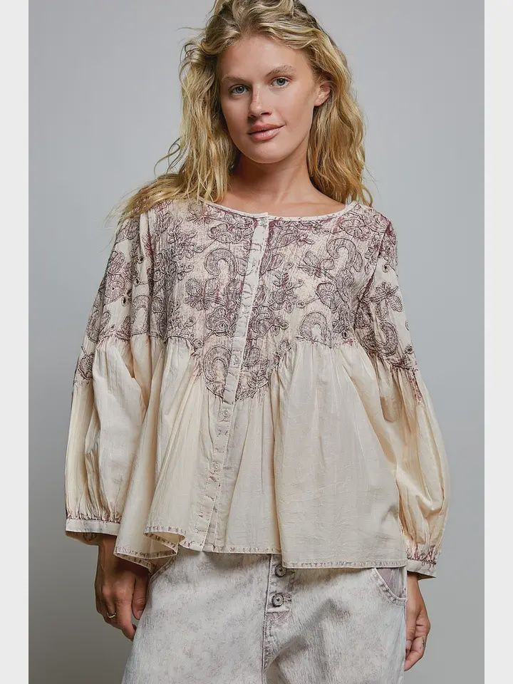 3/4 Sleeve Embroidered Shirt, Size: small