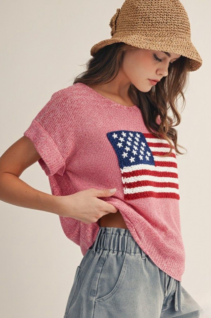 Knit Flag V Neck Top, Color: Pink, Size: Small