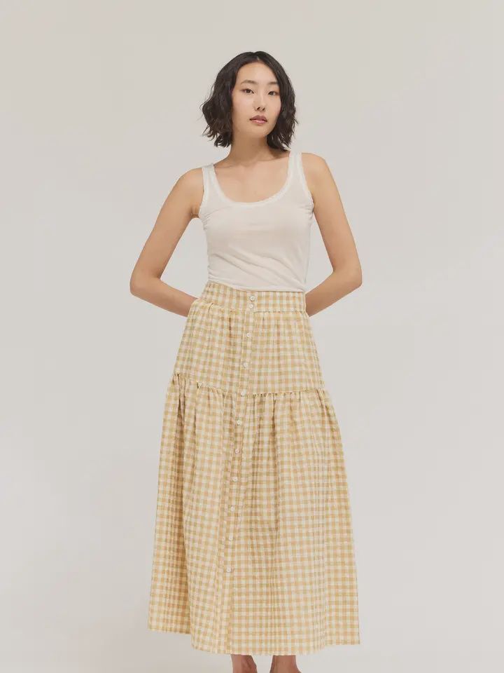 Front Button Check Skirt, Color: Doe, Size: S