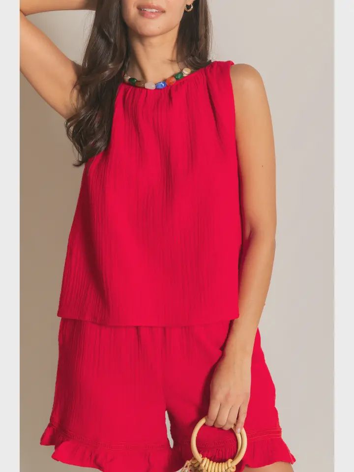 Gauze Sleeveless Top, Color: Red, Size: Small