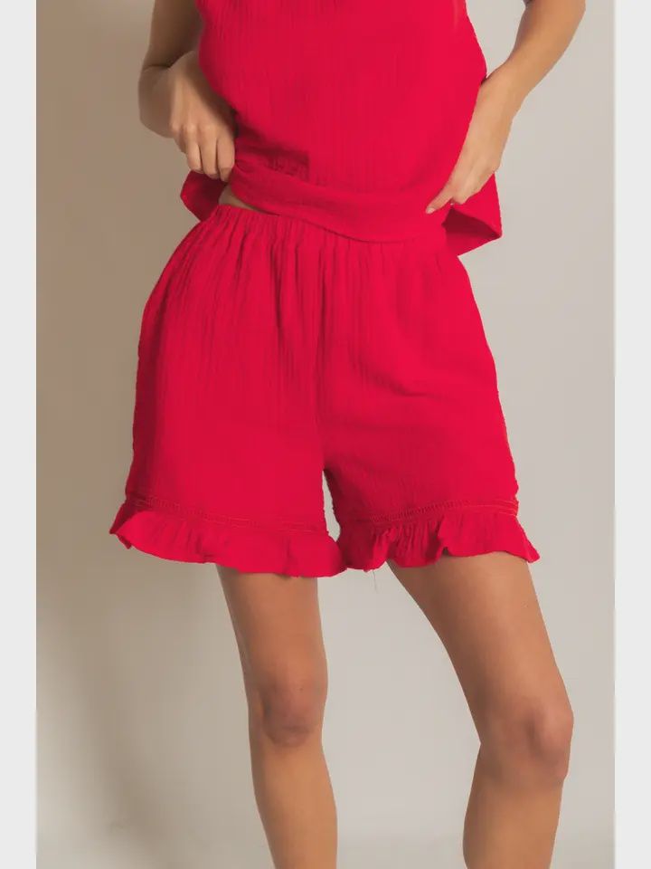 Cotton Gauze Ruffle Short, Color: Red, Size: Small