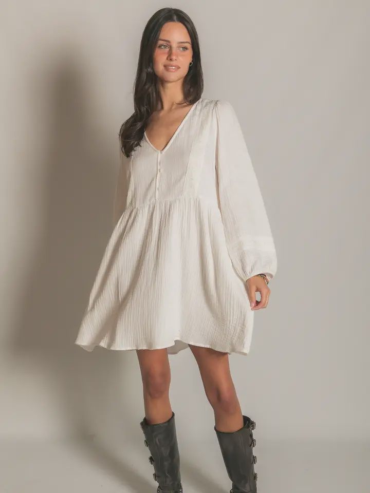 Gauze Long Sleeve Dress, Color: White, Size: Small
