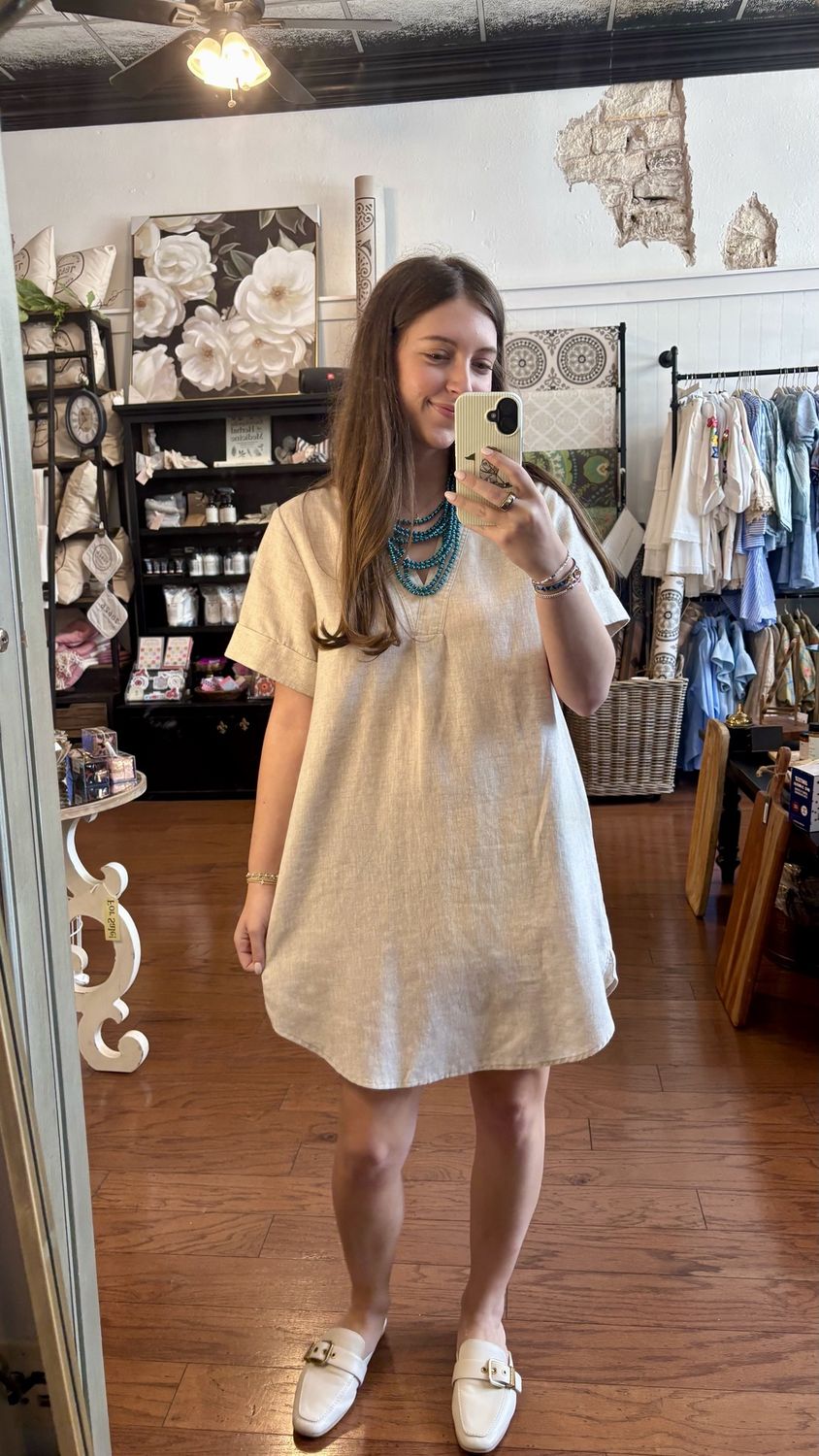 Natural Linen Dress, Color: Oatmeal, Size: S