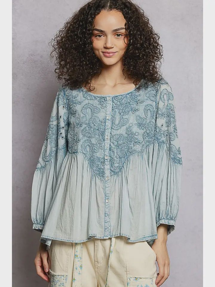 Denim Embroidered Top, Color: Blue, Size: Small