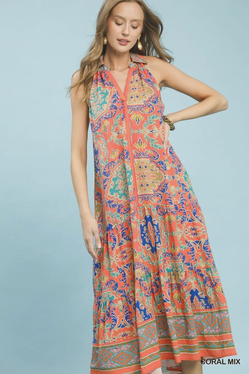 Tiered Halter Maxi Dress, Color: Coral, Size: S