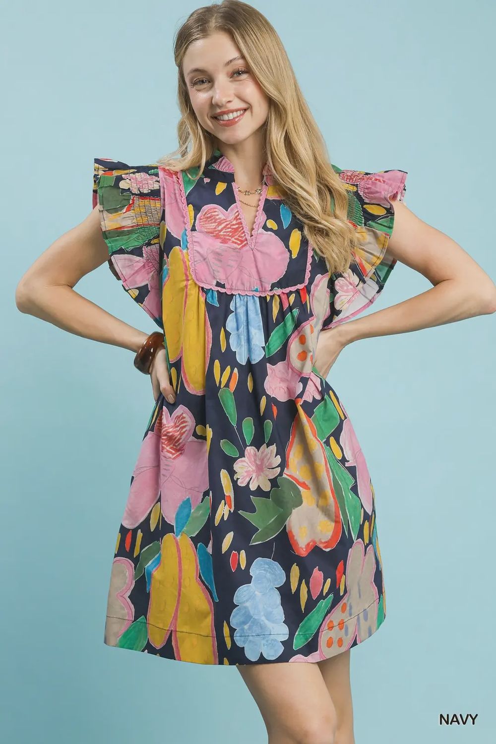 Navy Floral Flutter Dress, Size: S