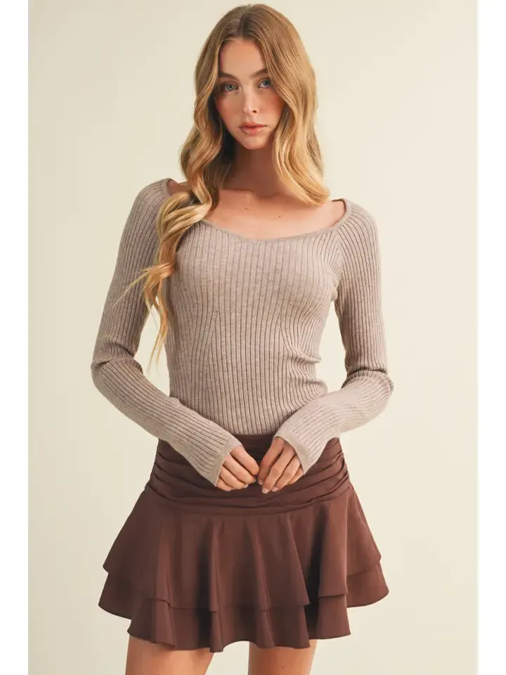 Wide V-Neck Rib Pullover