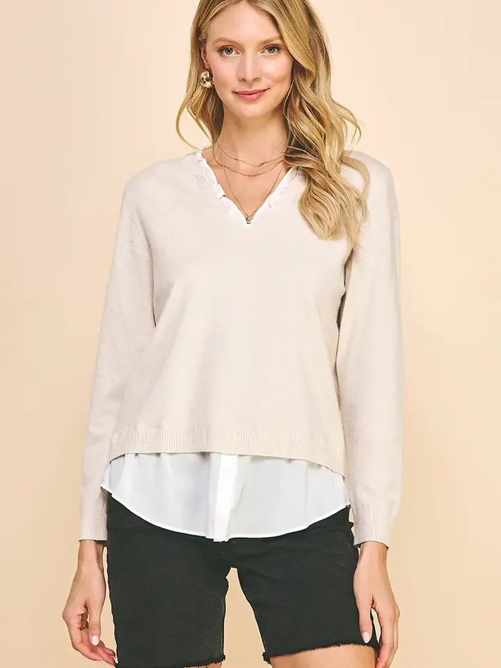 V-Neck Knit Combo Top, Color: Oatmeal, Size: Sm