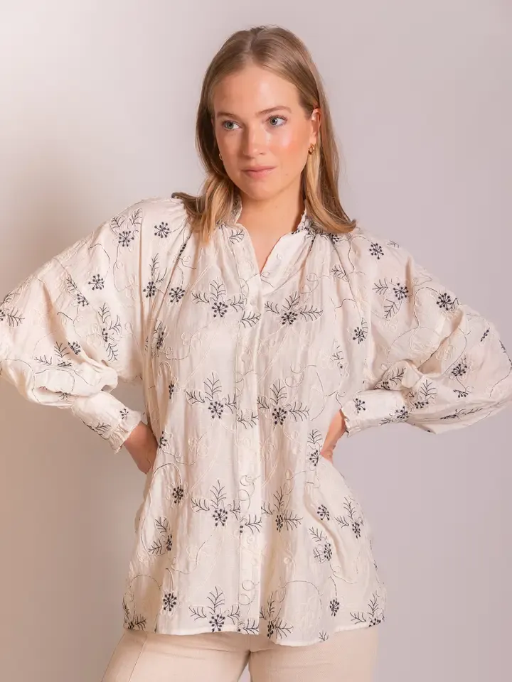 Floral Embroidered Ruffle Neck Top, Size: XS
