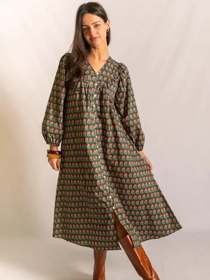 Olive V-Neck Maxi Dress, Size: XS