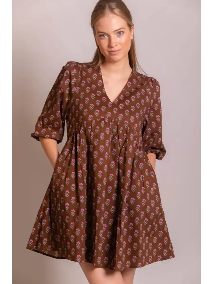 V-Neck Puff Sleeve Chocolate Dress, Size: Sm