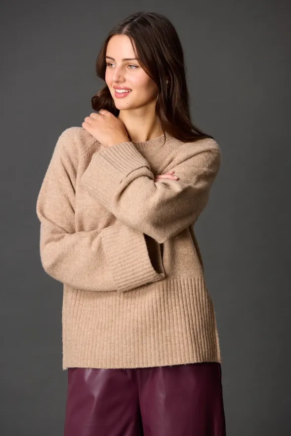 Camel Round Neck Wide Sleeve Sweater, Color: Camel, Size: XS