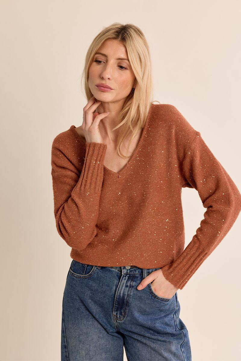 Sequin V Neck Sweater, Size: S