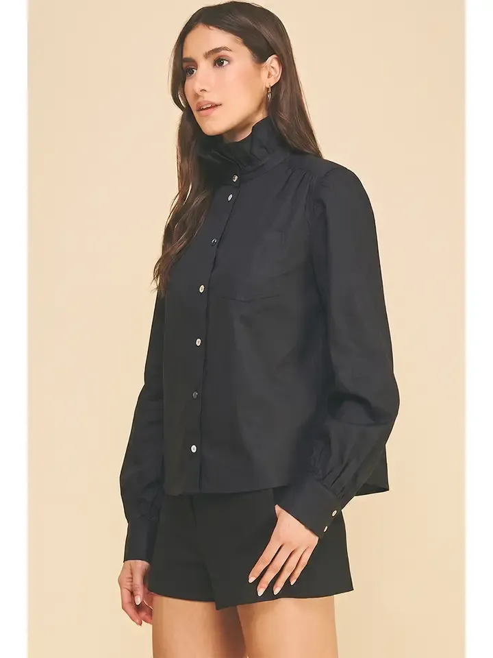 Ruffled Neck Button Down Shirt