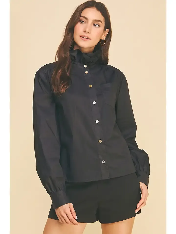 Ruffled Neck Button Down Shirt, Size: S