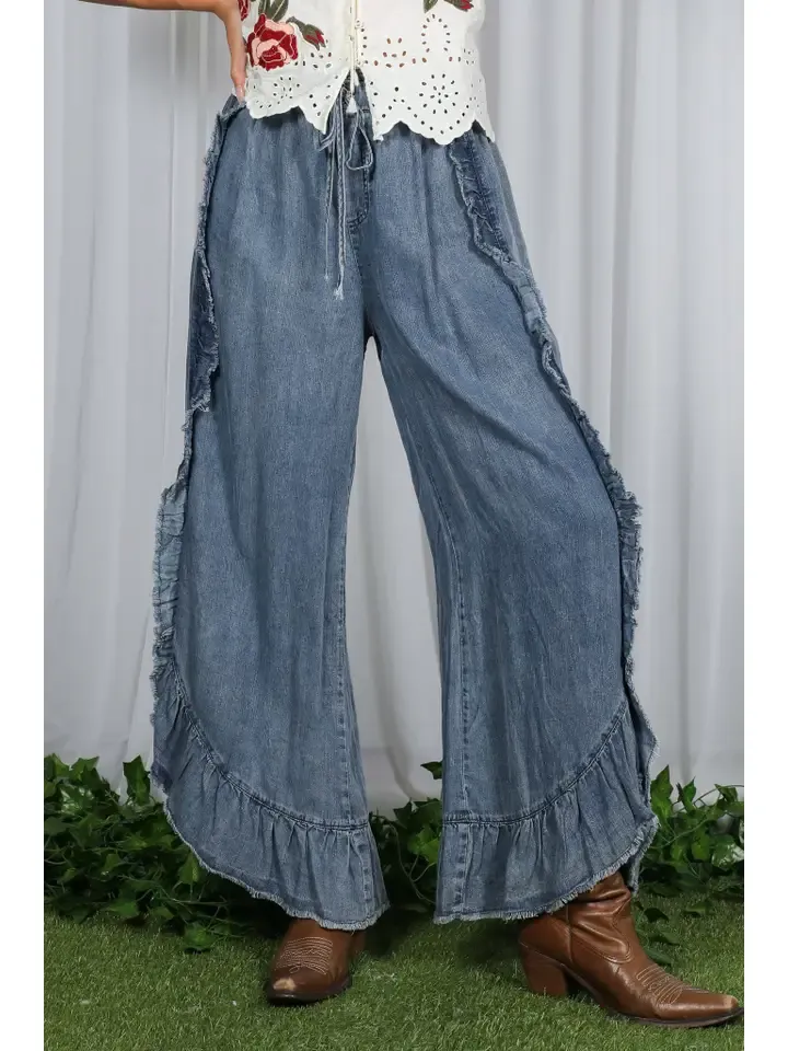 Ruffle Chambray Pants, Size: S