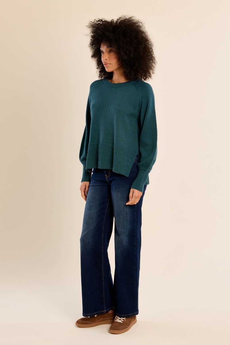 Knitted Side Slit Sweater, Color: Duck Blue, Size: S