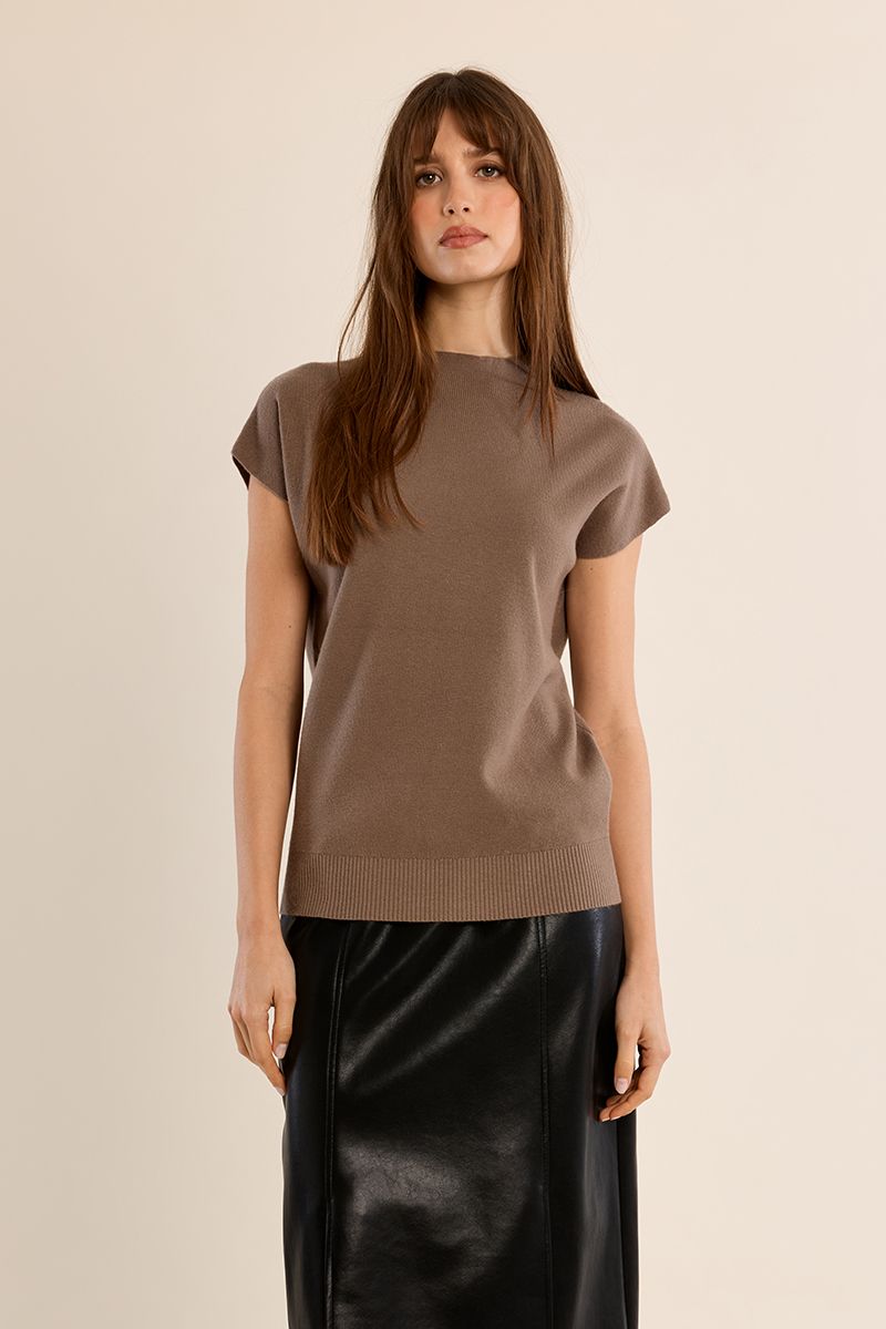 Cap Sleeve Knit Top, Color: Khaki, Size: S