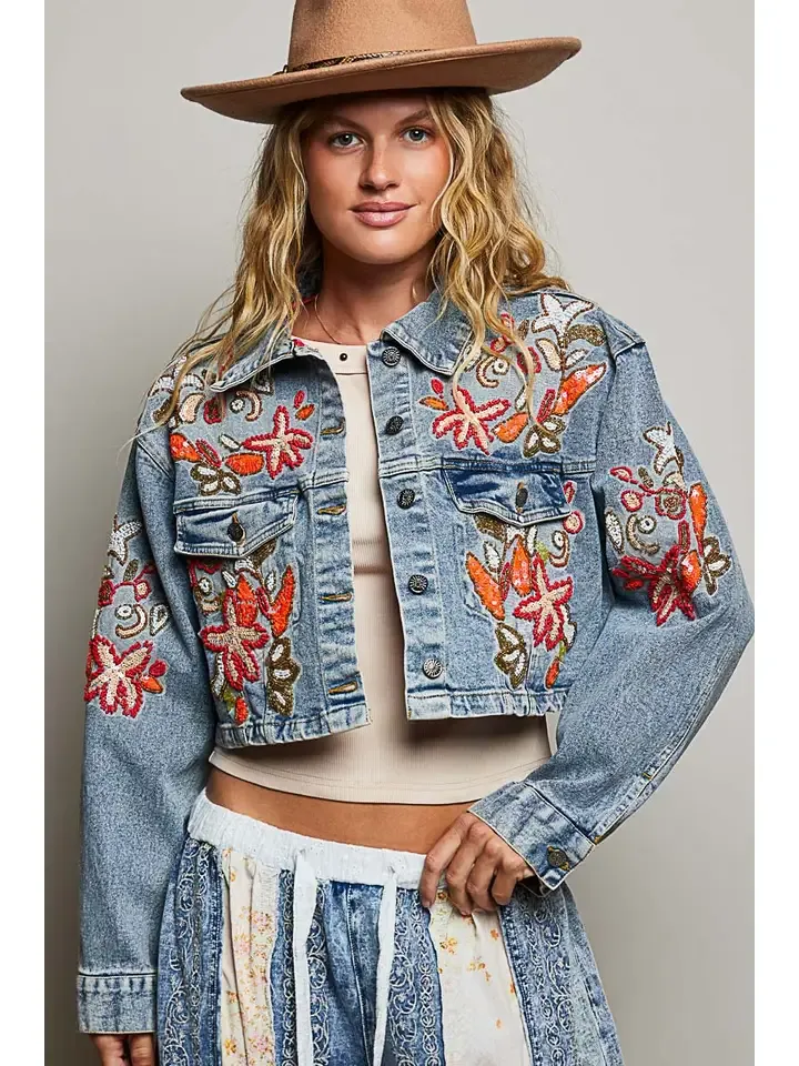 Beaded Embroidered Denim Jacket, Size: S