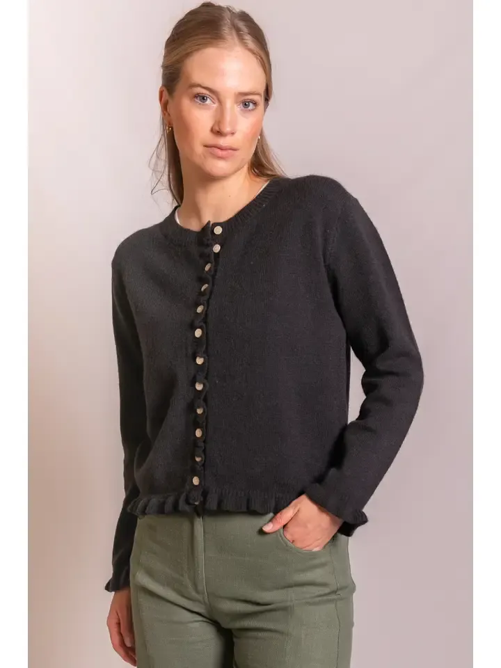 Knit Ruffled Trim Cardigan, Color: Charcoal, Size: XS