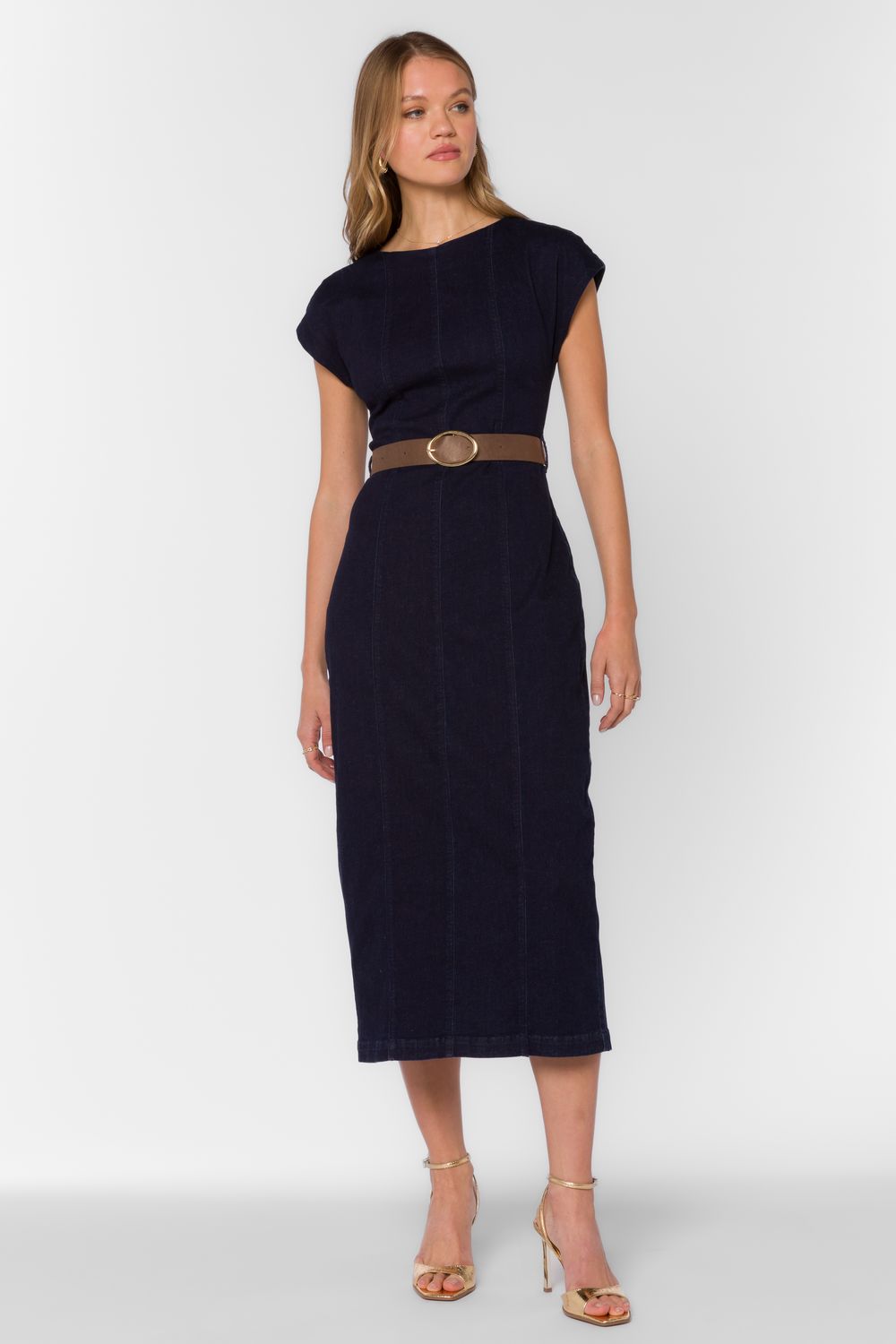 Cap Sleeve Belted Denim Dress, Size: S